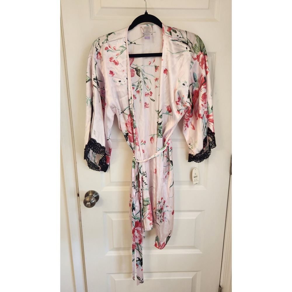 Secret Treasures Pink Floral Satin Robe Lace Trim Sleepwear Small 4-6 NWT